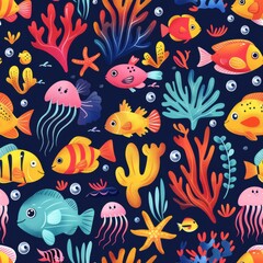 seamless repeating pattern of bright cartoon jellyfish, fish, seahorses, starfish, and undersea plants