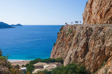 Aerial view of Kaputas beach with turquoise sea water and white sand, Lycia coast. Summer relaxing day at family vacation in Mediterranean Sea, Kas, Antalya region, Turkey