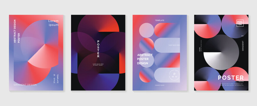 Abstract gradient poster background vector set. Minimalist style cover template with vibrant perspective 3d geometric prism shapes collection. Ideal design for social media, cover, banner, flyer.