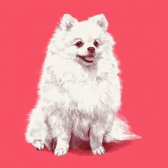 Adorable fluffy Pomeranian dog sitting on vibrant pink background with cheerful expression and detailed fur, full body portrait perfect for pets and animals themes - obrazy, fototapety, plakaty