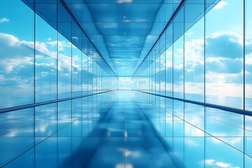 Empty modern office corridor with glass walls and blue sky view