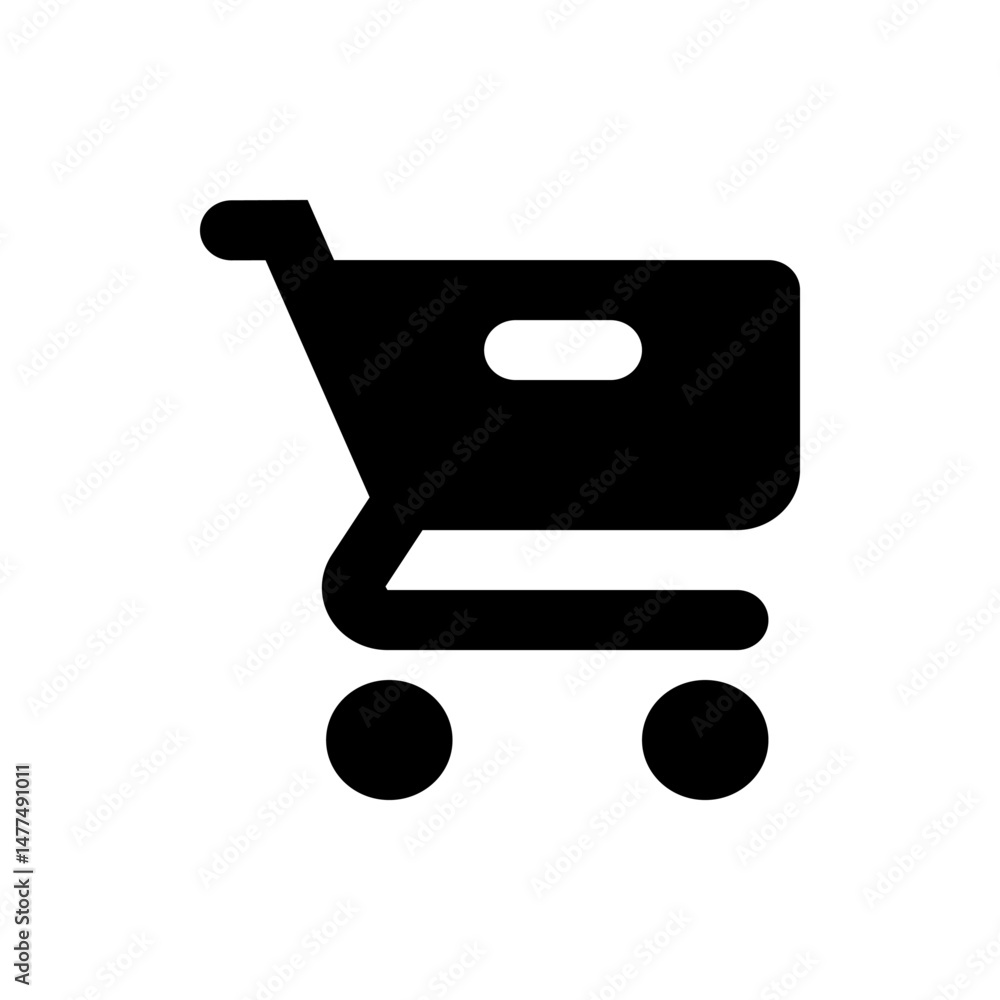 Poster illustration of a simple black shopping cart with a handle and two wheels on a white background view