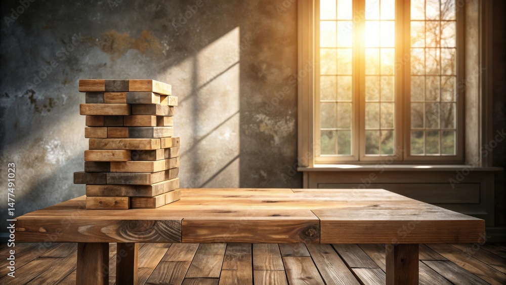 Poster Rustic wooden table with a stack of wooden blocks near a sunlit window in a room with textured walls