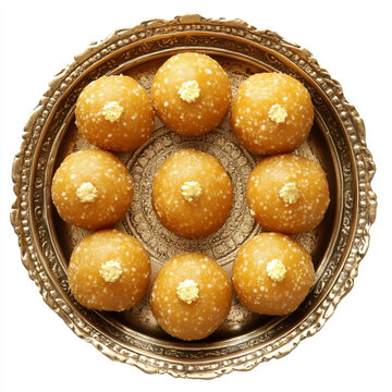 A plate of Indian laddoo with a golden color on top,white background .