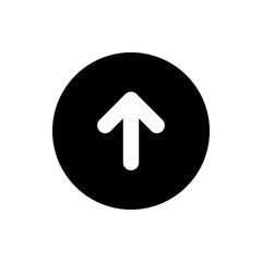 White upward arrow inside a black circle pointing towards the top direction in a simple graphic design style