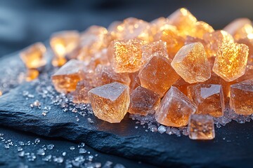 Brown sugar crystals on a dark background