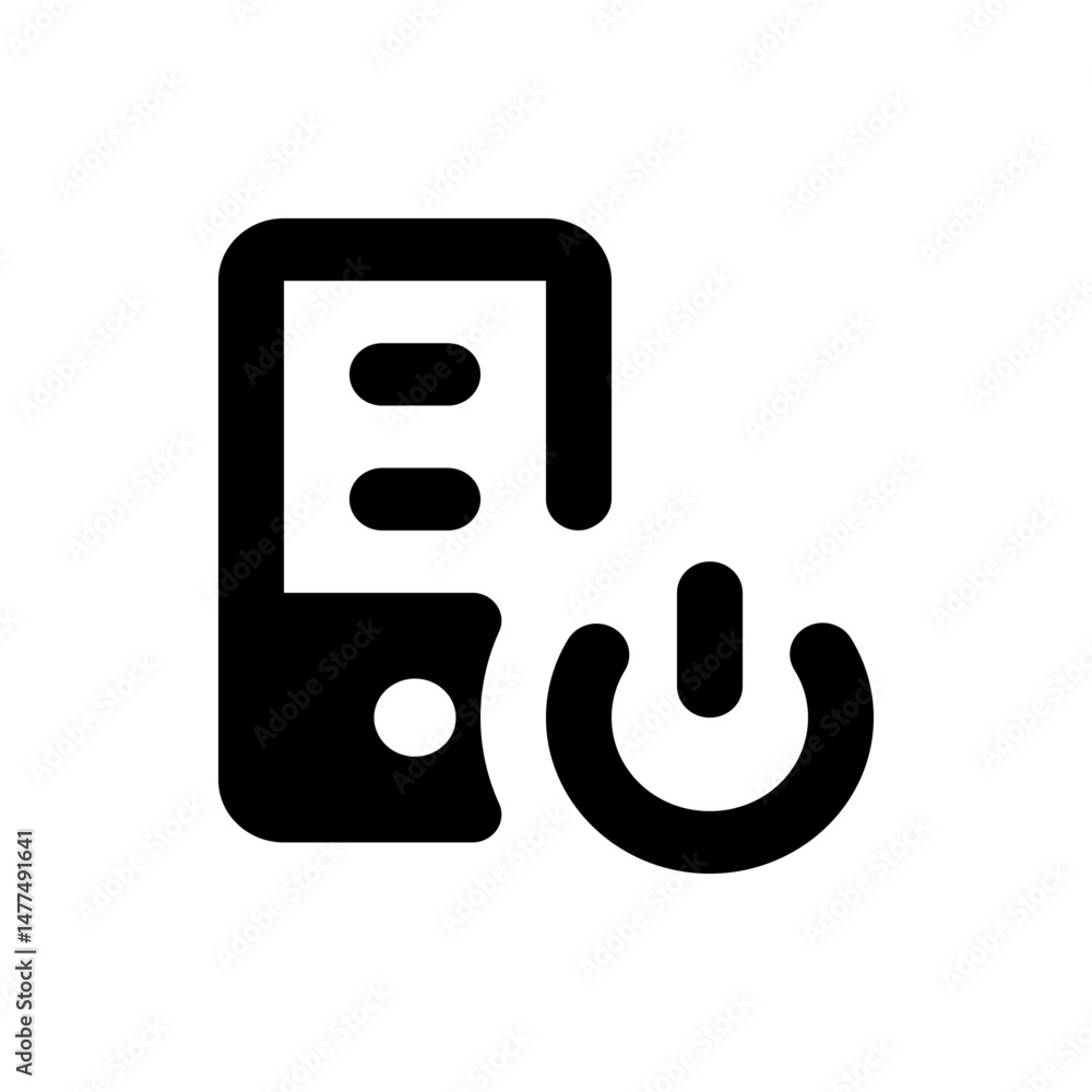 Poster illustration of a remote control device with a power button and rounded rectangular shape in black c