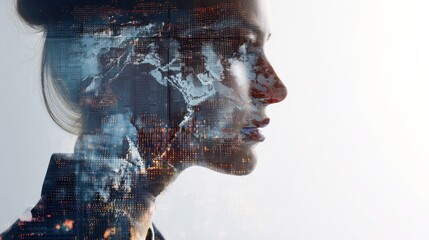 Woman's profile overlaid with a landscape scene creating a double exposure effect.