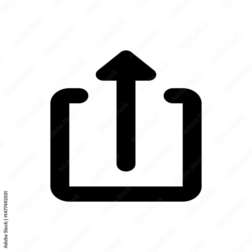 Poster black share icon featuring an upward pointing arrow emerging from a rounded square shape on a white 