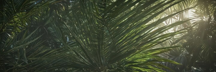 Deep emerald palm fronds, sunlight filtering through, intricate details , tropical foliage, lush greenery