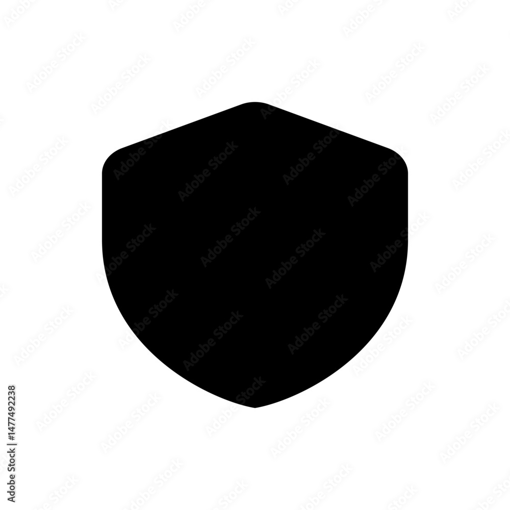 Poster illustration of a simple black shield shape with rounded corners and pointed bottom on a white backg