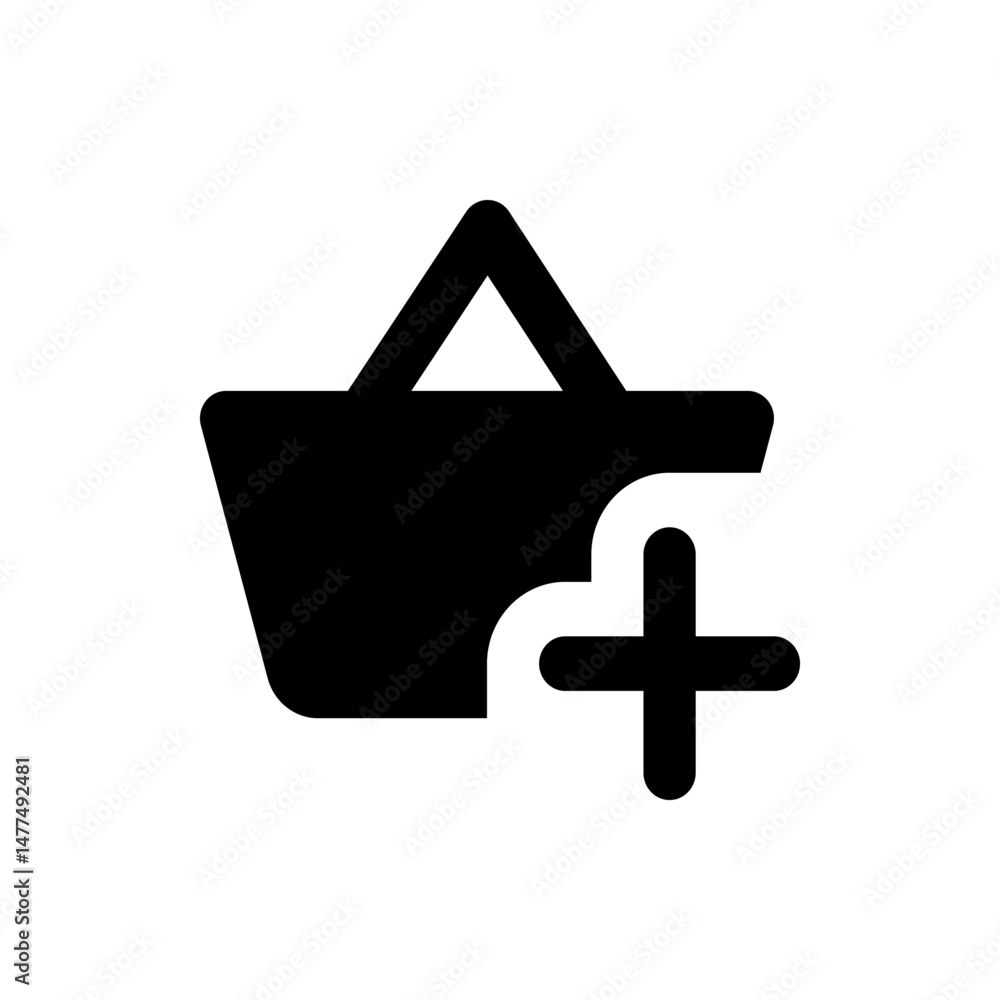Aufkleber black shopping basket icon with a plus sign indicating adding items to the cart for ecommerce use ca