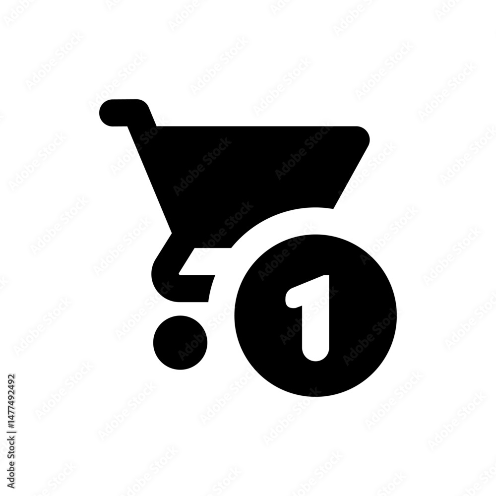 Poster a simple black shopping cart icon with a notification showing one item in the cart for online purcha