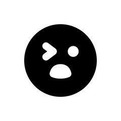 Black circle containing a white winking eye, a white dot, and a white open mouth, expressing a confused look