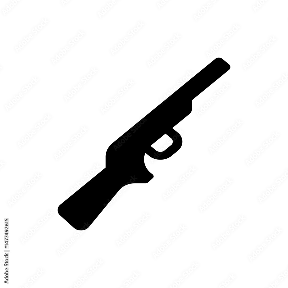 Poster illustration of a black shotgun with a handle and trigger guard on a white background in a simple st