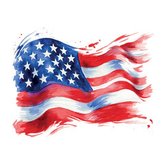Vibrant watercolor representation of the American flag flowing elegantly in the wind during a sunny day