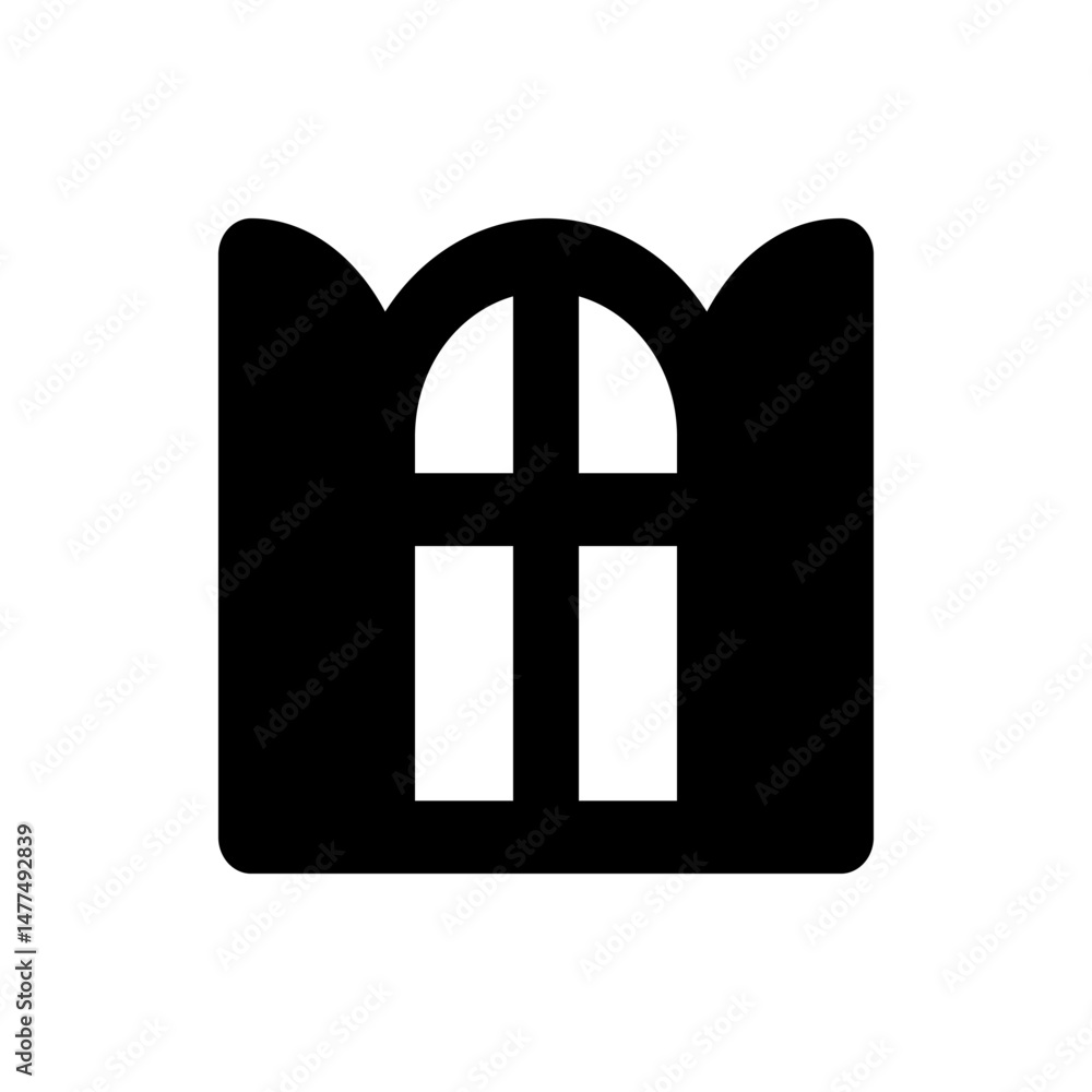 Aufkleber illustration of a stylized window with an arched top and two panes in a black and white color scheme