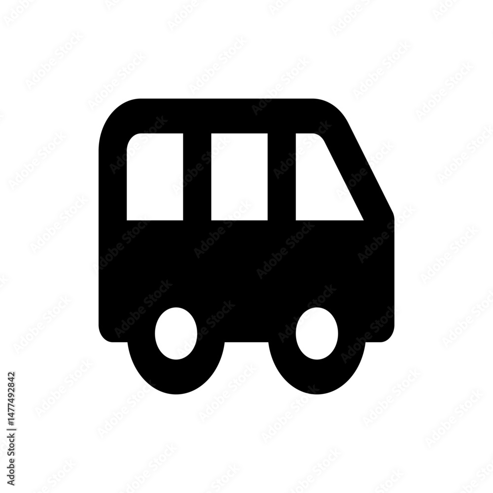 Poster illustration of a simple black van with two windows and two wheels on a white background view from s