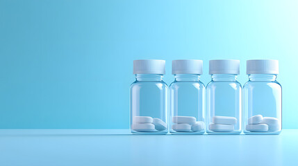 Four clear plastic pill bottles with white caps contain a few white tablets each and are arranged in a row on a light blue surface against a matching backdrop.