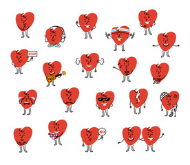 Cute hand drawn cartoon heart character with different facial expression and body posture. Wondering, confident, calm, sad, broken, angry, exercising, or showing other emotions and actions.