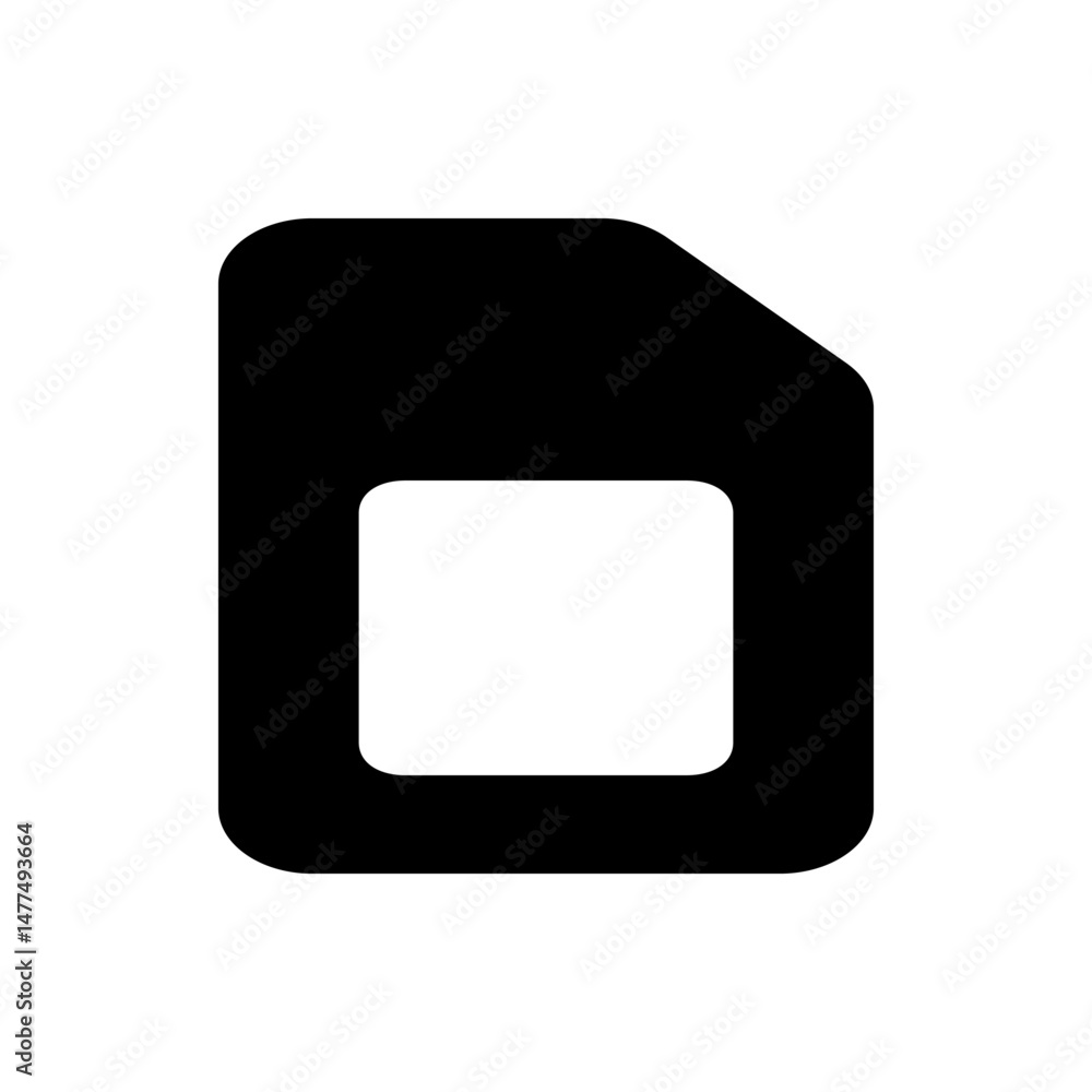 Poster illustration of a black sim card with a white square cut out against a white background in vector fo