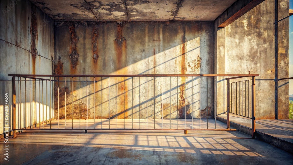 Aufkleber sunlit balcony with rusted wall and metal railing in an aged structure