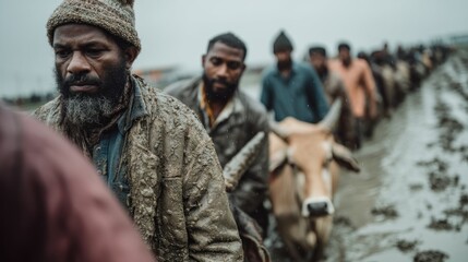 Fototapeta premium People and cattle moving in mud