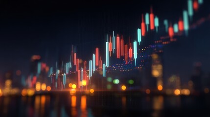 Stock market candle chart overlayed on blurred city skyline at night.