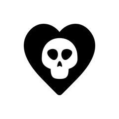 Black heart containing a white skull with round eye sockets and a triangular nose shape illustration