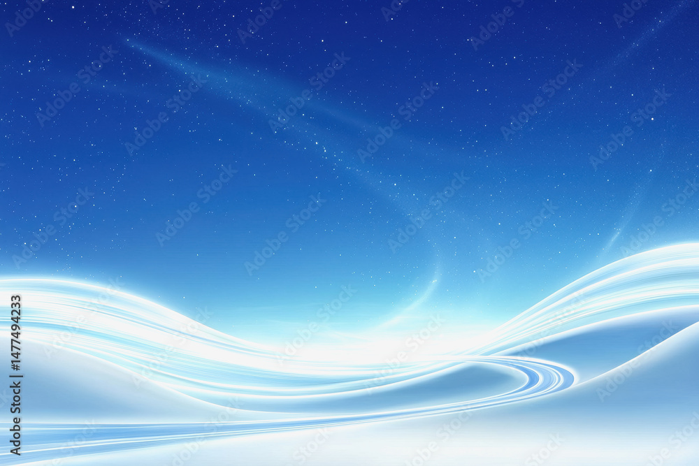 Poster serene blue sky with a gentle white wave creating an ethereal aurora wave effect in a bright and inv