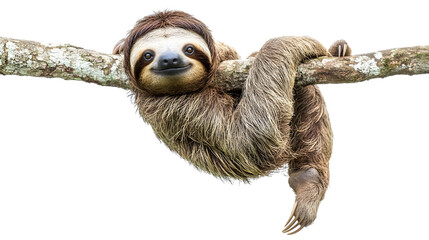 Fototapeta premium Cute Sloth Hanging on Tree Branch Isolated on White Background