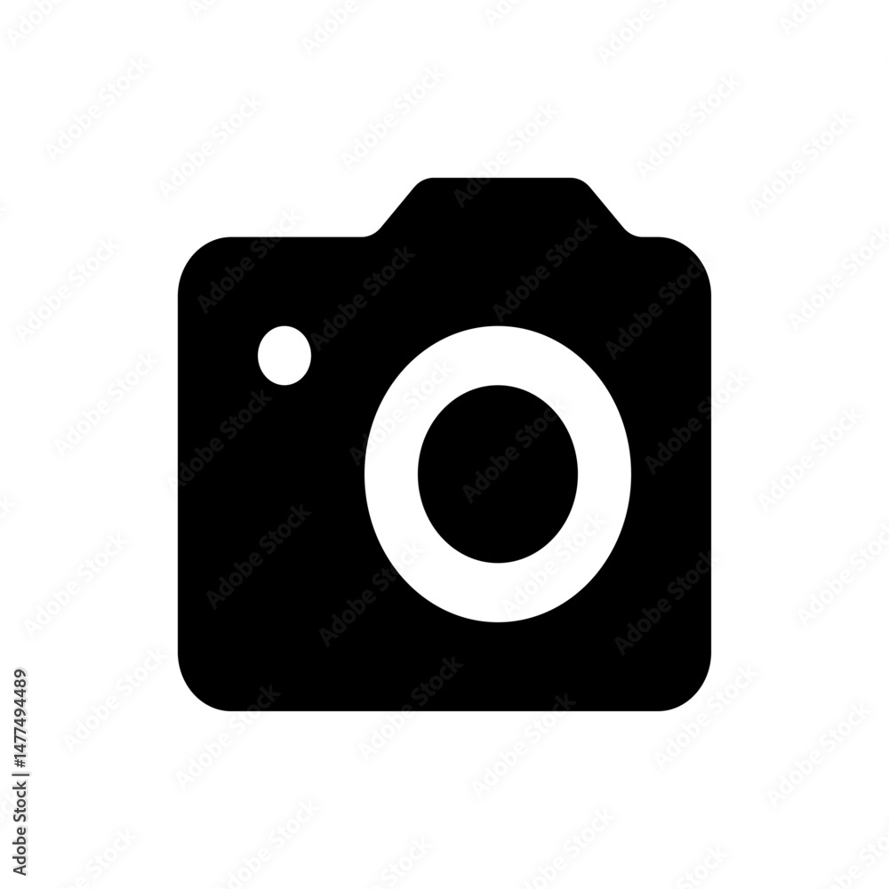 Aufkleber illustration of a black camera with a white lens and flash on a white background in a simple style