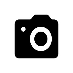 Illustration of a black camera with a white lens and flash on a white background in a simple style