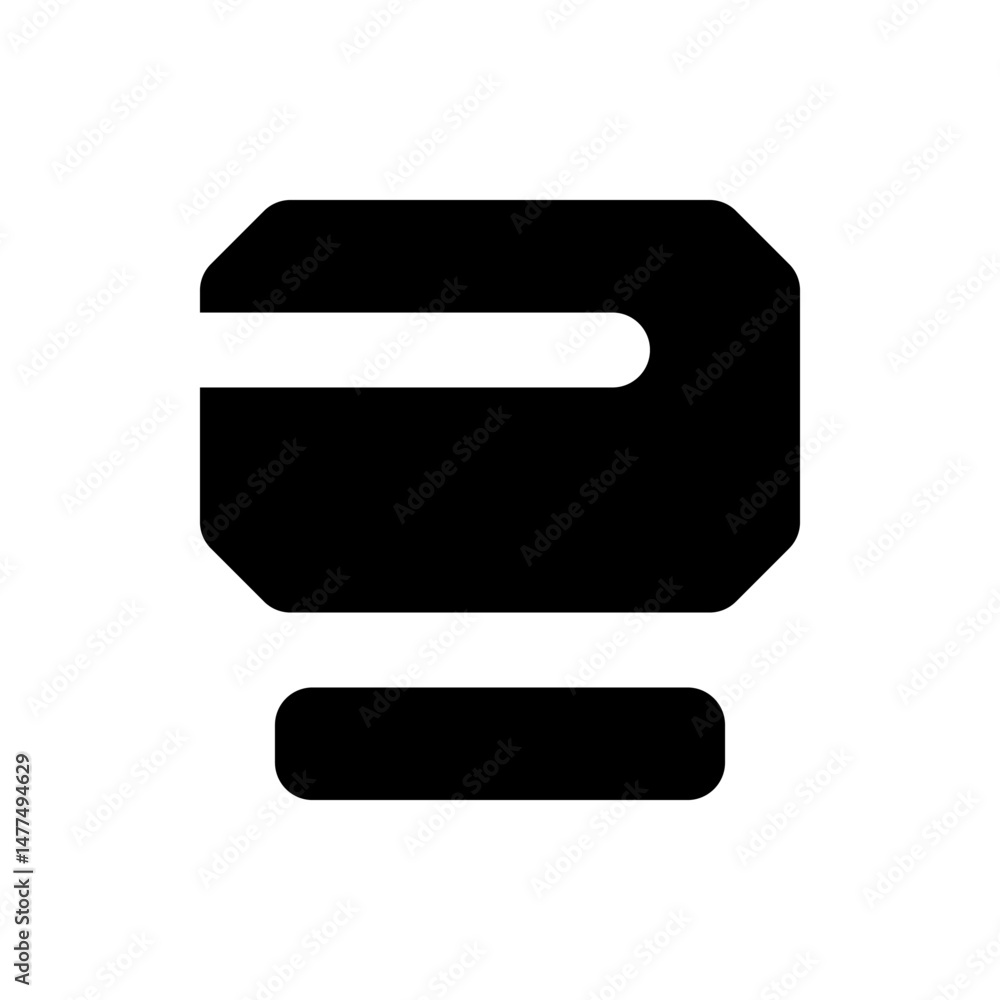 Poster stylized black credit card with rounded corners and a black rectangle below it on a white background