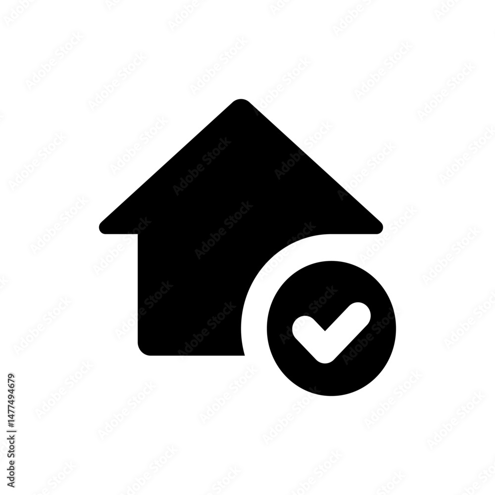 Poster black house icon with a check mark in a circle indicating verification or a completed home inspectio