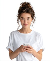 Young woman smiling while using her smartphone  casual attire and natural look