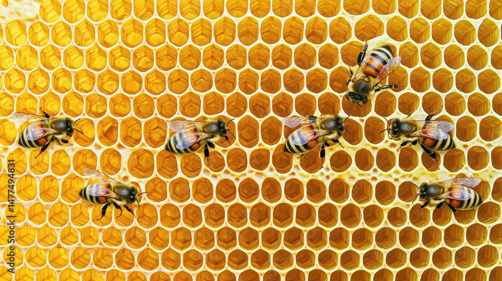 Poster close-up view of bees busy in a natural honeycomb structure collecting nectar for honey production a