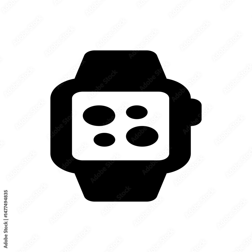 Poster illustration of a black smartwatch with a white screen displaying four black circles in a pattern de
