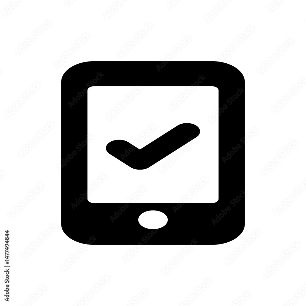 Poster black smartphone with a white screen displaying a black checkmark and a white circle button below it