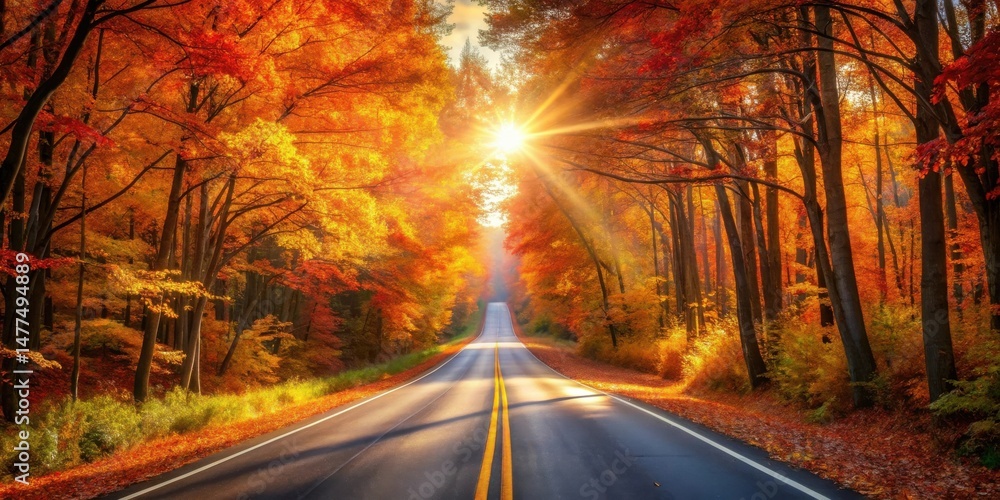 Poster autumnal road through a canopy of golden and red leaves, bathed in the warm glow of a setting sun