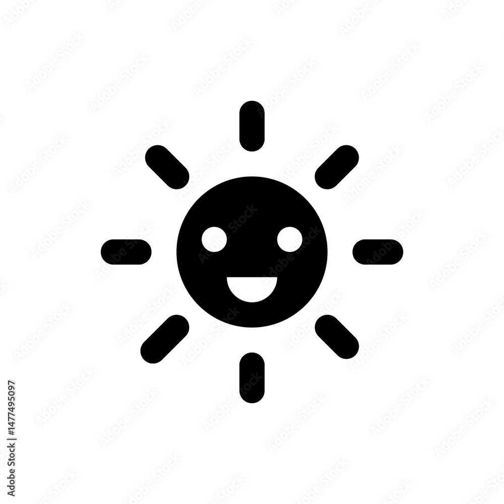 Poster illustration of a black smiling sun with rounded rays emanating from its circular face design elemen