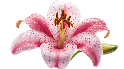 Elegant Pink Lily Flower with Water Droplets on White Background