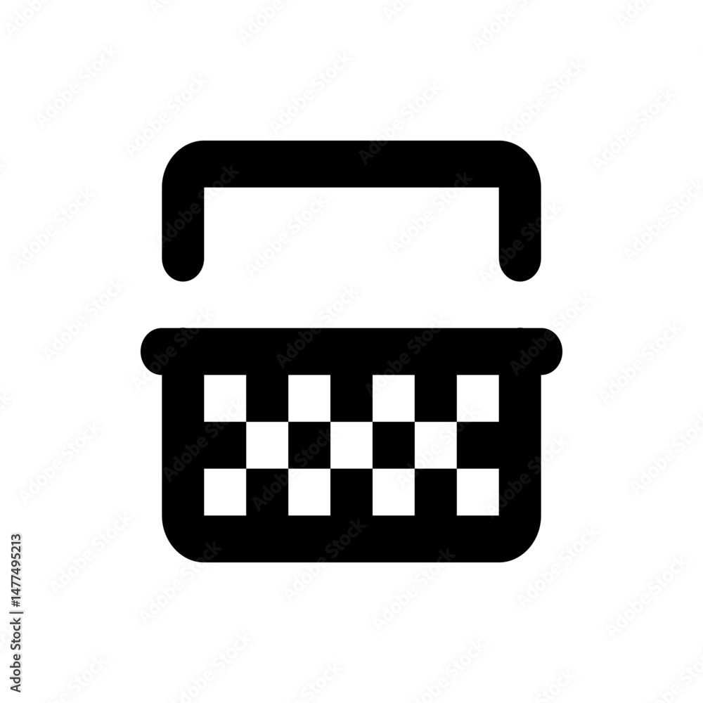 Poster illustration of a simple black and white shopping basket icon with a handle and a square pattern bas