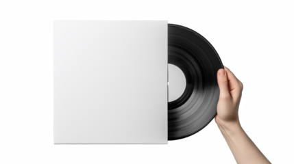 A hand holds a vinyl record from its blank white sleeve Perfect for music album art or retro design concepts