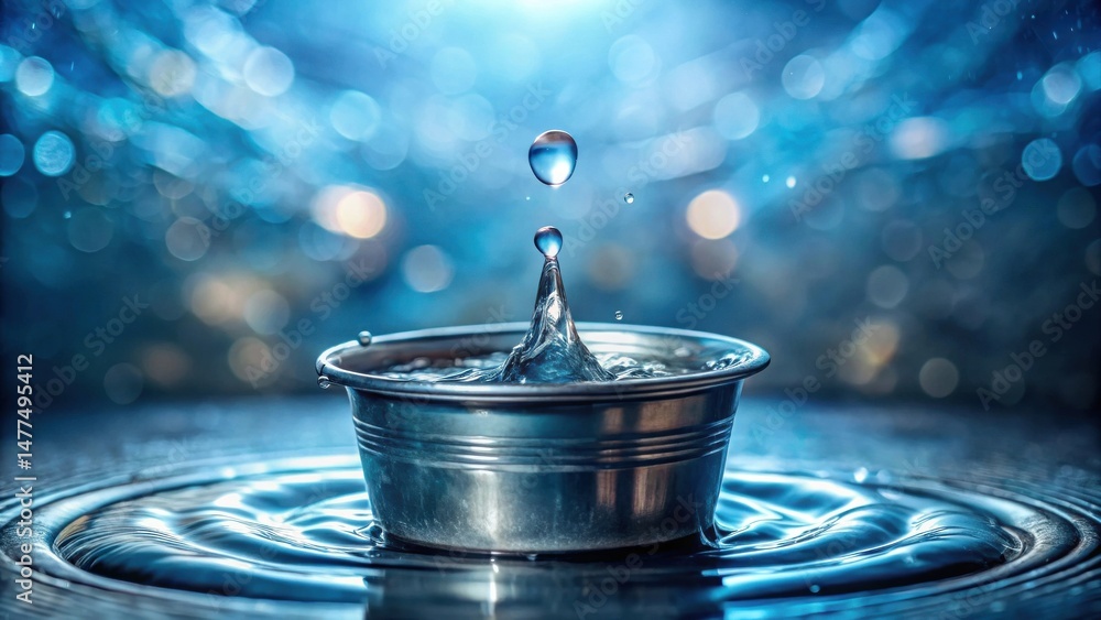 Poster A single drop of water impacting the surface of a small metal bowl, creating a crown splash and concentric ripples in a tranquil blue setting