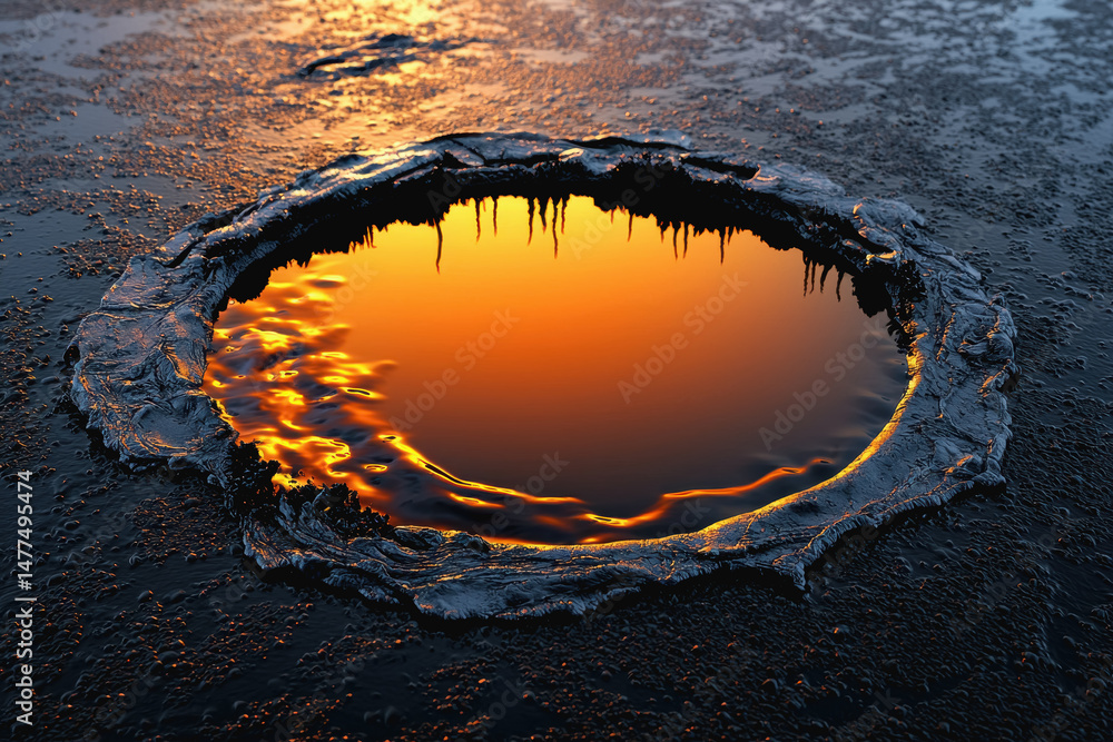 Aufkleber serene puddle reflecting a beautiful sunset in the background creating a tranquil scene of nature's 