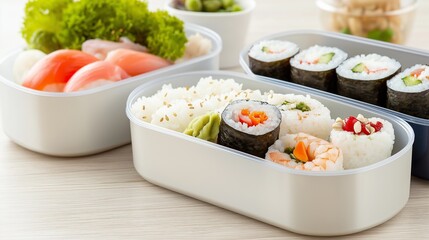 Variety of colorful bento boxes, filled with sushi rolls, tempura shrimp, rice, and pickled vegetables, neatly arranged on a wooden table
