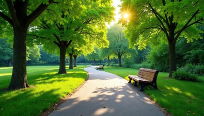 A serene park, perfect for quiet reflection and relaxation, featuring benches and lush greenery , tranquil, mature