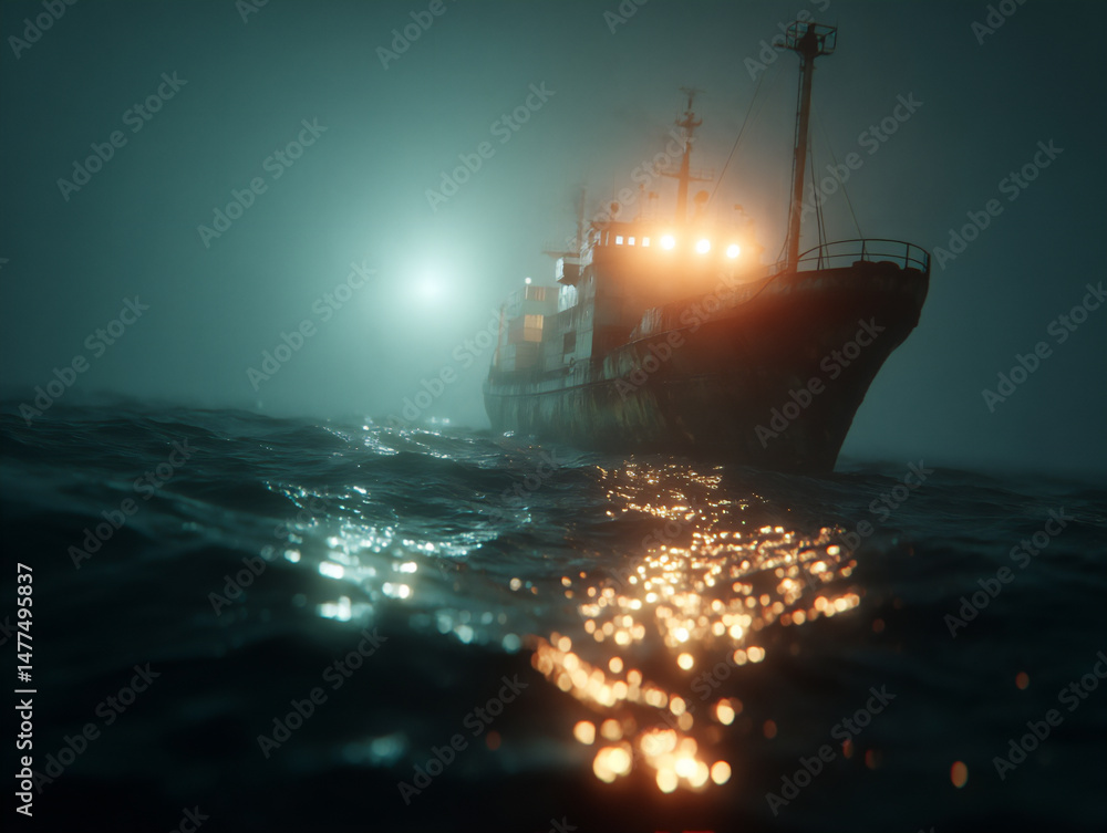 Poster a 3d rendering depicting a container ship navigating through dense fog, with visibility severely lim