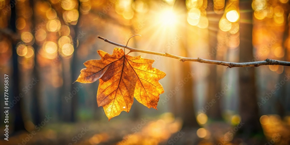 Poster golden autumn leaf on a branch, backlit by the warm glow of the setting sun in a forest